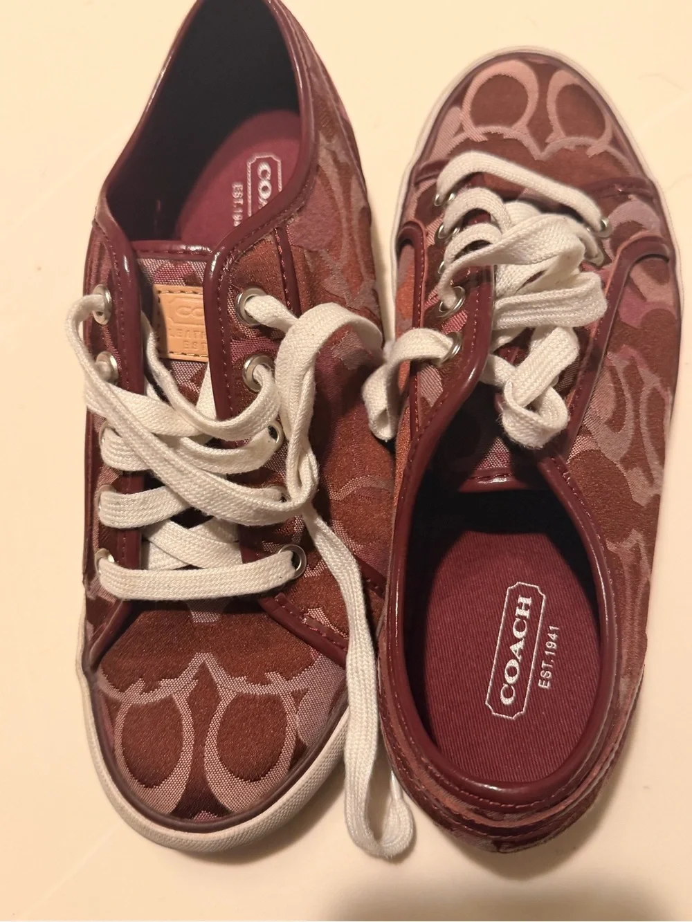 Coach Women's Burgundy Signature Canvas Sneakers with White Laces